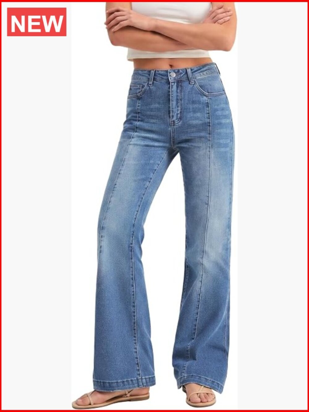 Bootcut Jeans Stretchy High Waisted Denim Flare Seamed Front Loose Straight Leg